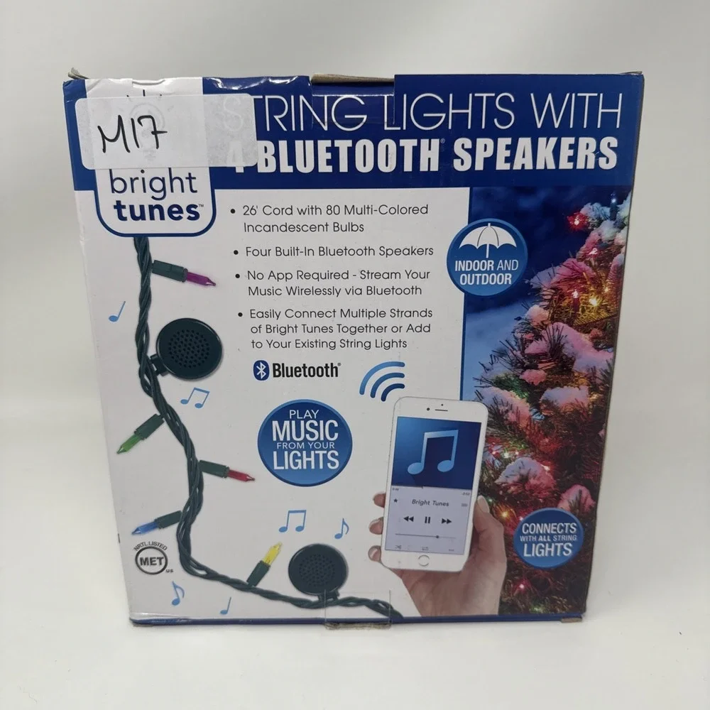 Bright Tunes String Lights with 4 Bluetooth Speakers 26 Foot Cord 80 Lights NEW